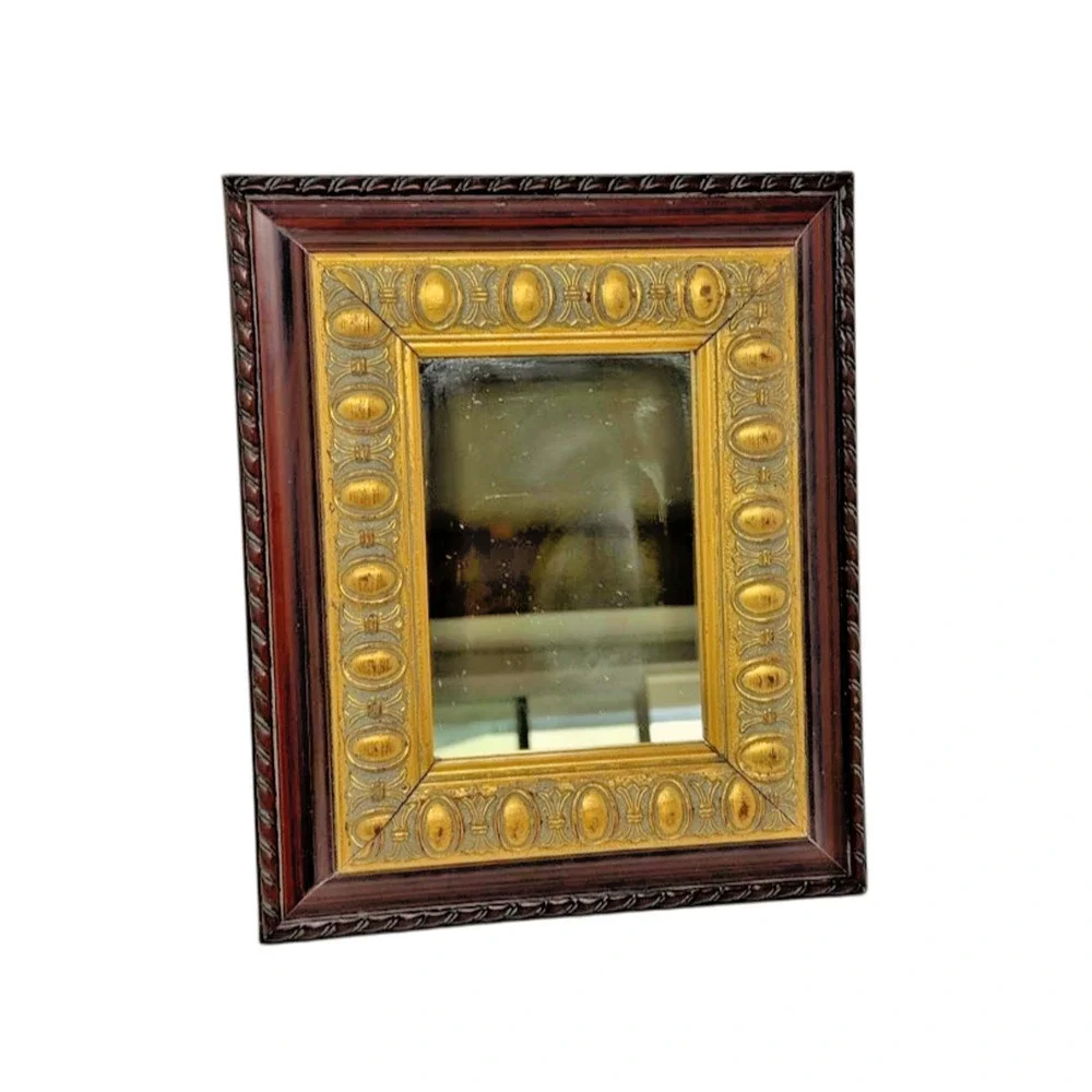 Vintage Wall Mirror Faux Wood Gilt Embossed Frame 12x10 Decorative